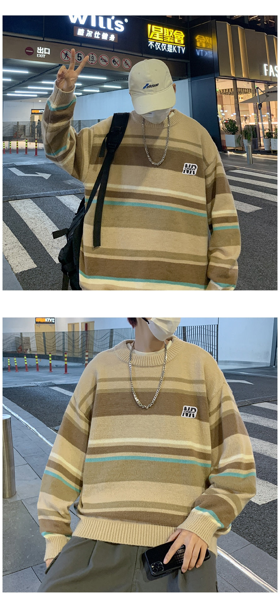 Bonsir Stripe Contrast Sweater Men's Autumn and Winter Fashion Brand Trendy Loose Round Neck Pullover Knitwear Sweater Coat