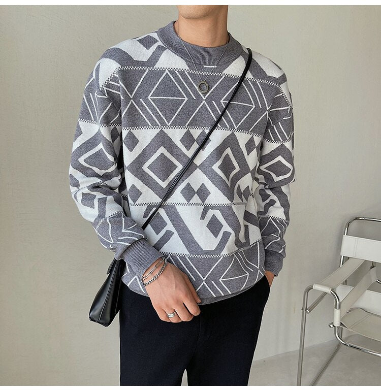 Bonsir  Korean Style Fashion Diamond Printing Sweater Mens Pullover Sweater Pull Homme Autumn Sweater For Men Knitted Round Neck Sweater