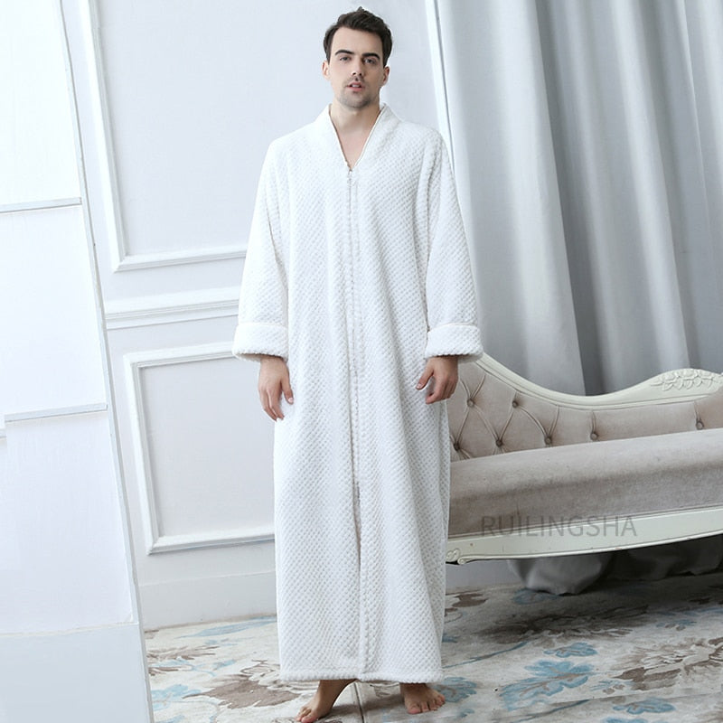 Bonsir Men Winter Plus Size Long Warm Coral Fleece Bathrobe Hooded Cozy Flannel Zipper Bath Robe Night Dressing Gown Women Sleepwear