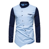 Bonsir New Shirts For Men Long Sleeve Lrregular Diagonal Button Contrast Henry Collar Shirts Personality Mens Top Clothes Wedding Shirt