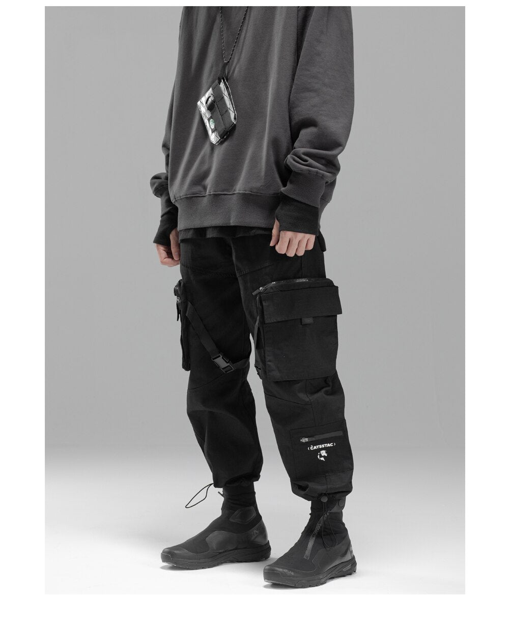 Bonsir Men's Drawstring Pants Side Pockets Loose Techwear Trousers Mechanical Pocket Ribbon Jogger Pants