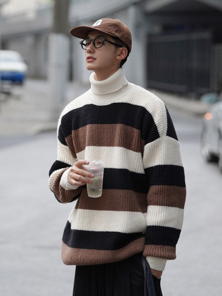 Bonsir  Turtleneck Striped Sweater For Men Loose Autumn Fashion Knitted Pullovers Warm New Brand Male Casual Clothing