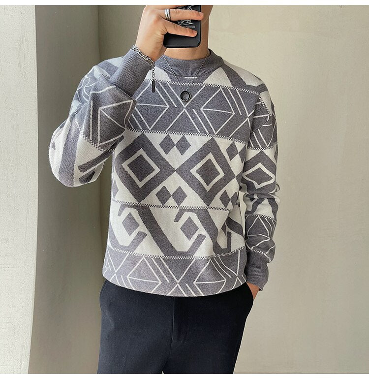 Bonsir  Korean Style Fashion Diamond Printing Sweater Mens Pullover Sweater Pull Homme Autumn Sweater For Men Knitted Round Neck Sweater