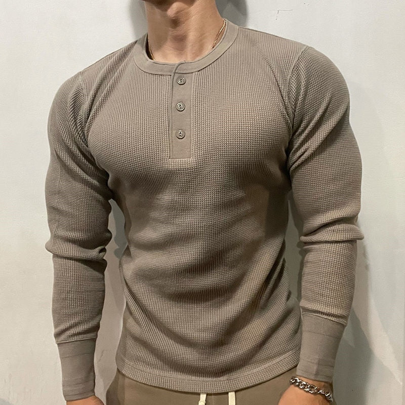 Bonsir 315g New Sports Leisure Solid Fitness Tshirts Heavy American Retro T-shirt Cotton Show Figure Waffle Slim Men Henry Collar Tops