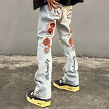 Bonsir High Street Flame Skull Embrodiery Vintage Denim Trousers Men's Distressed Washed Straight Baggy Oversized Jeans Pants