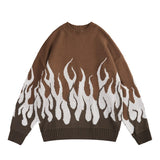 Bonsir Retro Flame Printed Contrast Color Pullover Autumn Sweaters for Men and Women Round Neck Patchwork Hip Hop Baggy Knitted Tops