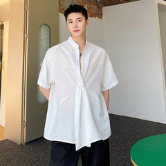 Bonsir Summer Solid Color Standing Collar Shirts Fahion Niche Design Cross Placket Casual Tops Summer Short Sleeve Cardigan