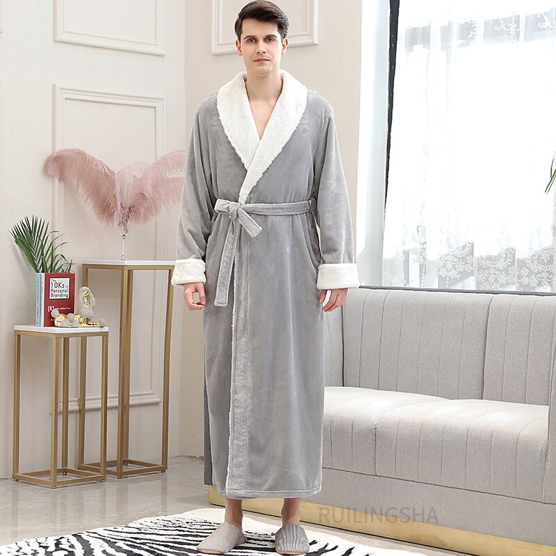 Bonsir Men Winter Plus Size Long Warm Coral Fleece Bathrobe Hooded Cozy Flannel Zipper Bath Robe Night Dressing Gown Women Sleepwear