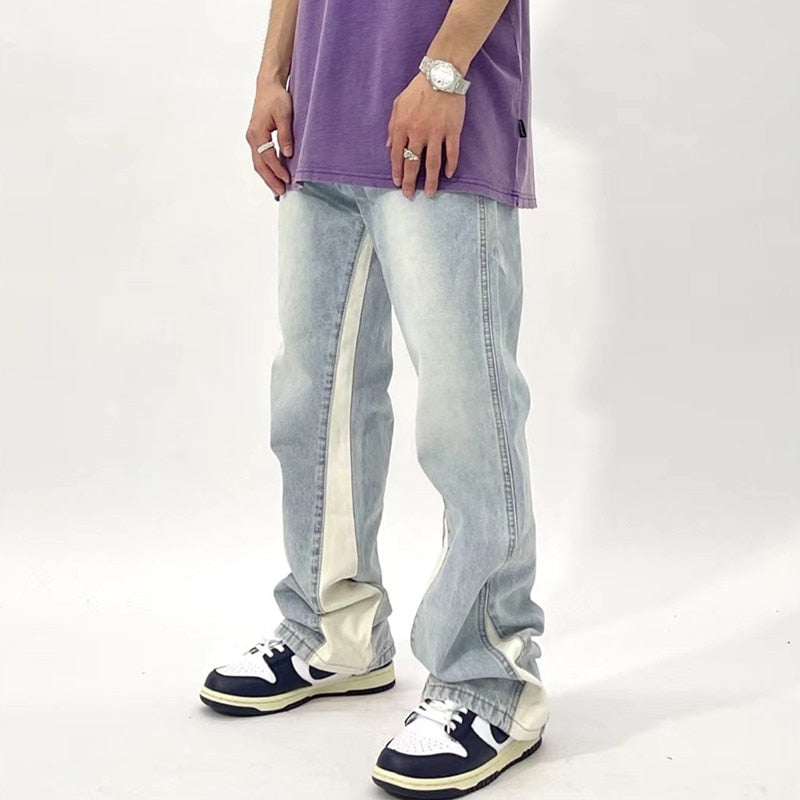 Korean Wide-leg Jeans Men Fashion Retro Casual Jeans - Light Blue