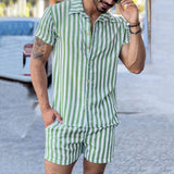 Bonsir Vacation Casual Shirt Set Men's Summer New Fashion Stripe Contrast Color Print Lapel Short Sleeve Top Shorts Two-piece Set
