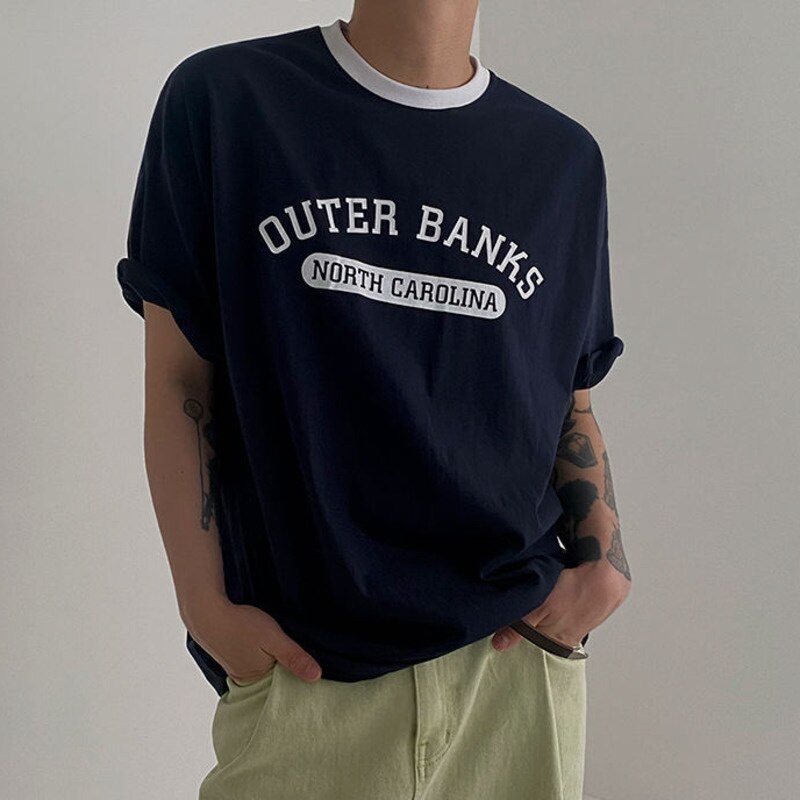 Bonsir Men Short Sleeve T-shirts Letters Printed Male Korean Fashion O-neck Pullover Casual Soild Color Top Spring New