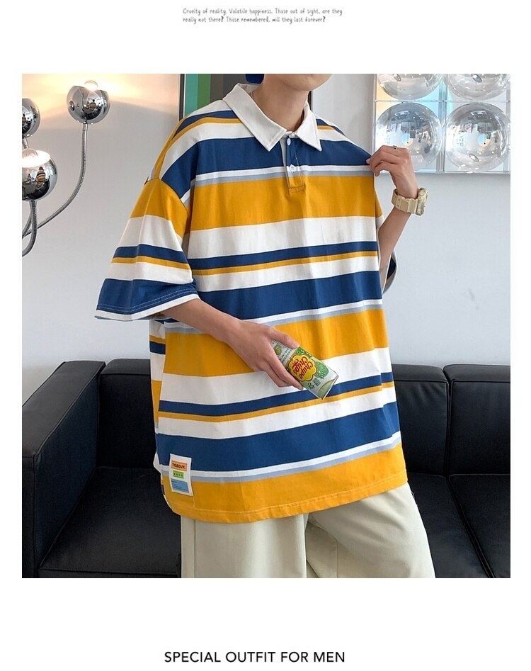 Bonsir Summer Men's Stripe Printing Short Sleeve T-shirt Lapel Collar Cotton Clothes Tshirts Blue/Apricot/yellow Cotton T Shirts