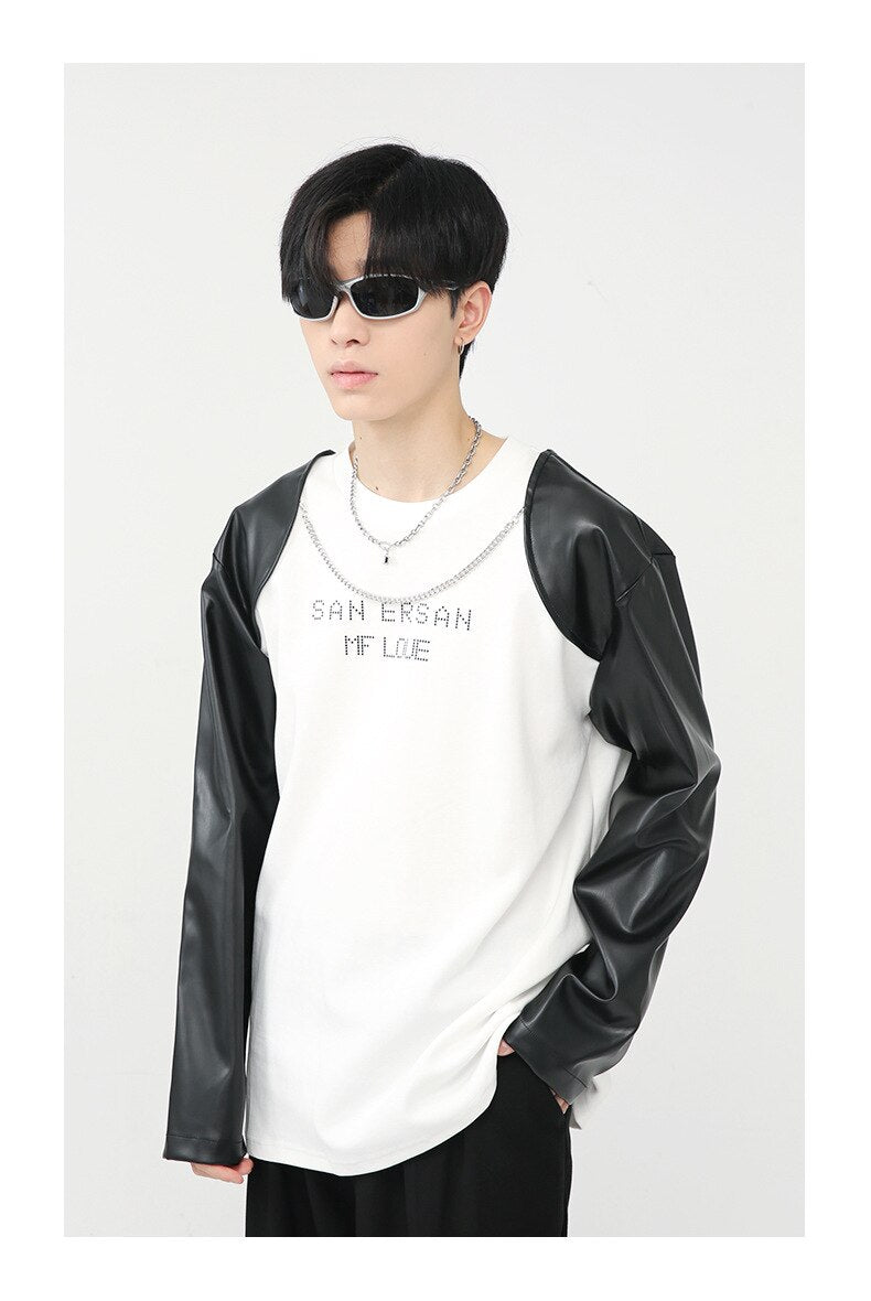 Bonsir Men Loose Letter Chain Splice Long Leather Sleeve T-shirt Male Women Korean Streetwear Fashion Hip Hop Tees Shirts Couple Tshirt