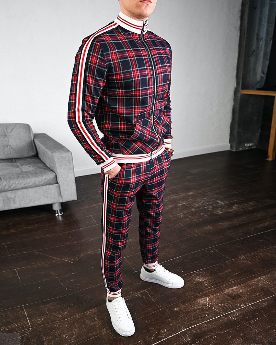 Bonsir New men's tracksuit Fashion Plaid Man Sets Trendy Brand Casual Sportswear Spring Autumn Jacket + Pants 2 Piece Set 3D Print