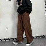Bonsir Men's Korean Style Retro Trend Sweatpants Corduroy Fabric Solid Color Straight Casual Pants Loose Brown Color Trousers