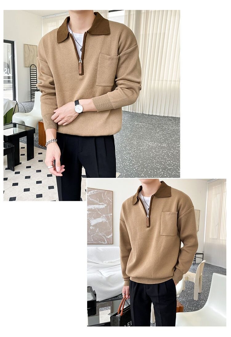 Bonsir Autumn New Knitted Sweater Men Business Casual Patchwork Polo Lapel Zipper Sweater Harajuku Mens Loose Japanese Pullove