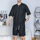Bonsir Waffle Two Piece Set Men Short Sleeve O-neck T shirts And Shorts Casual Sports Suits 2023 Summer Fashion Mens Tracksuit  Outfits