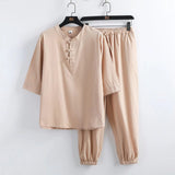 Bonsir Spring Summer New Men's Fashion Casual Solid  Short Sleeve T-Shirt Pant Suit Men High-Quality Cotton And Linen Two-Piece Set 5XL