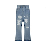 Bonsir Contrast Color Hole Ripped Distressed Blue Men's Jeans Pants Retro Streetwear Frayed Baggy Casual Flare Denim Trousers Oversize