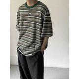 Bonsir Summer Men's Korean Loose Stripe Printing T-shirts Short Sleeve Round Neck Tshirt Green/blue Color Clothes T Shirts M-2XL