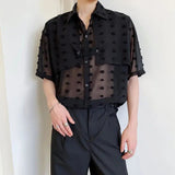 Bonsir Trendy Sexy See-through Mesh Shirts LGBT Men's Summer Thin Section Polka Dot Short-sleeved Tees Shirt Niche Men Clothing Blouse