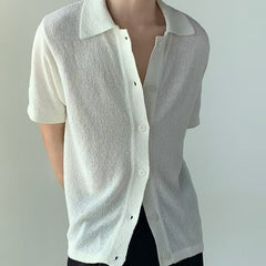 Bonsir Casual Knit Thin Shirts Men Summer Short Sleeve Turn-down Collar Buttoned Solid Shirt Leisure Mens Clothes Vintage Knitting Tops