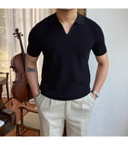 Bonsir Summer New V-neck Men's Solid Color Short-sleeved T-shirt British Slim Lapel Knitted Striped Casual  Polo Shirt
