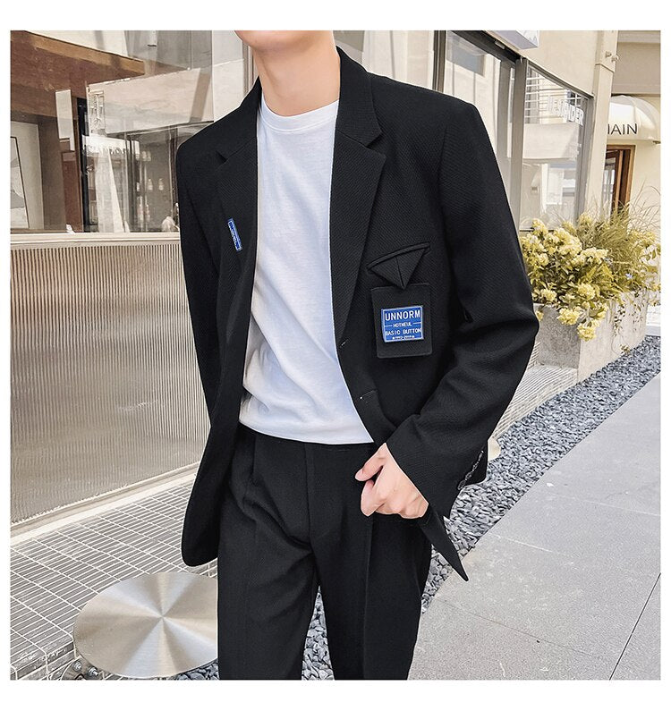 Bonsir Mens Suits Sets Jacket Pant Men Korean Streetwear Office Fashion Loose Casual Blazer Suit Jacket Pant Chic Trend Dress Suits