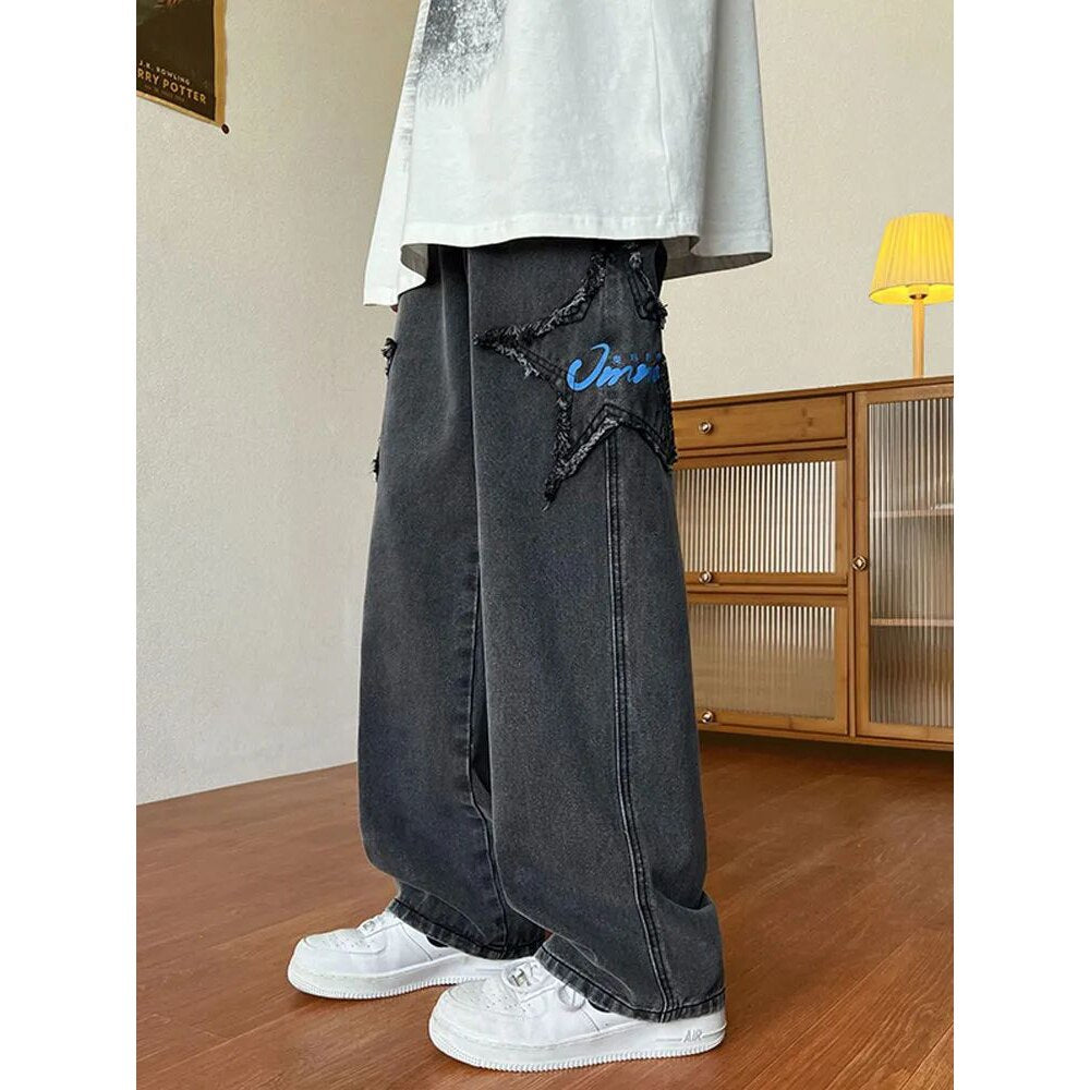 Bonsir High Street Star Embroidered Jeans Men Retro Washed Patch Loose Wide  Leg Pants American Casual Loose Straight Y2K Pants - Black / S / China