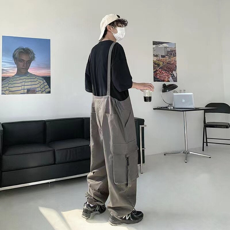 Bonsir  Men's Fashion Oversized Overalls College Style Salopettes Romper Jumpsuit Grey/black Color Casual Pants Loose Work Trousers