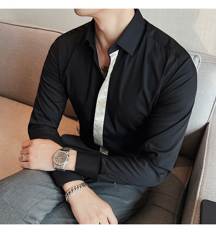 Bonsir Fashion Splicing Shirts Men Long Sleeve Slim Casual Shirt High Quality Business Dress Shirt Formal Social Party Tuxedo Blouse