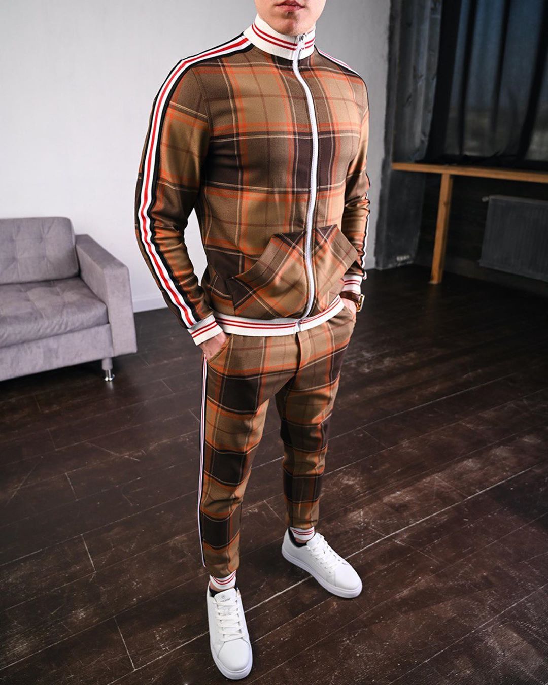 Bonsir New men's tracksuit Fashion Plaid Man Sets Trendy Brand Casual Sportswear Spring Autumn Jacket + Pants 2 Piece Set 3D Print