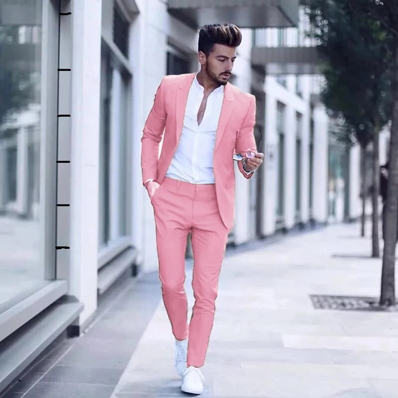 Bonsir Latest Design Mens Luxurious Business Men's Suit for Wedding Party Tuxedos Slim Fit Peak Lapel Pink Suits Male(Jacket+Pants)