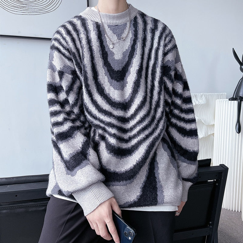 Bonsir Mohair Stripe Fashion Men's Sweater Loose Harajuku Korean Unisex Clothing Autumn New Brand Male Knitted Pullovers