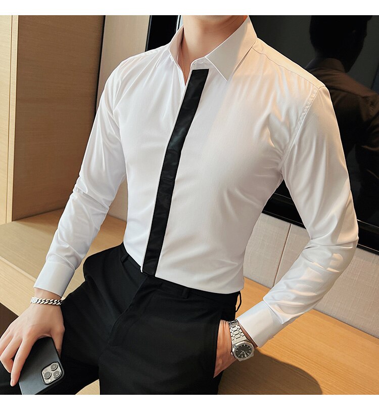 Bonsir Fashion Splicing Shirts Men Long Sleeve Slim Casual Shirt High Quality Business Dress Shirt Formal Social Party Tuxedo Blouse