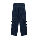 Bonsir Harajuku Solid Color Multi-pockets Jeans Pants Men and Women Straight Cargo Pants Washed Streetwear Baggy Casual Denim Trousers