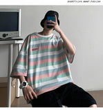 Bonsir Casual T-shirts All-match Fashion Rainbow-colored Contrasting Loose Tops Classic Five-point Sleeves O-neck Men Clothes Oversize