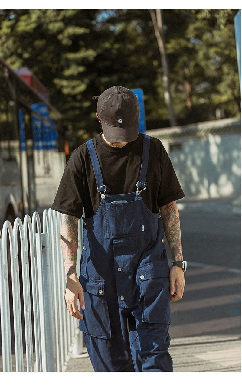 Bonsir Men's Retro Designer Overalls Workwear Sling Korean Loose Wide Leg Jumpsuit Streetwear Solid Color Men's Clothing