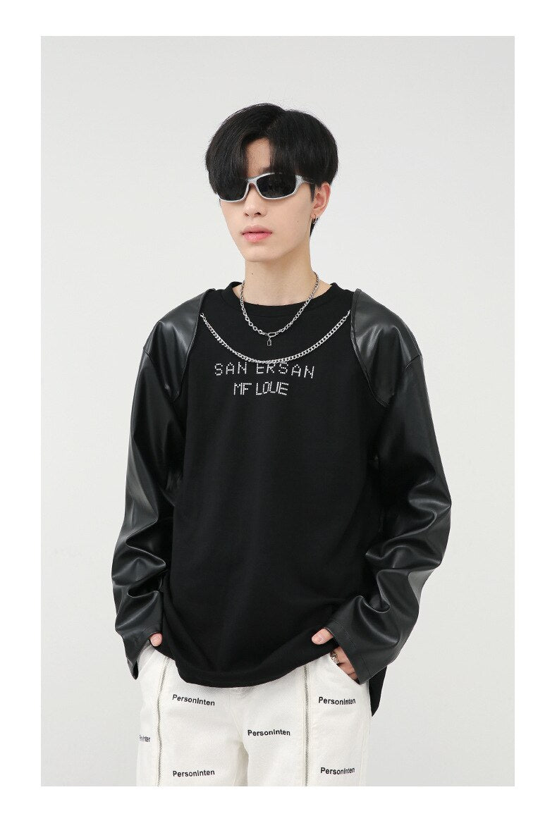 Bonsir Men Loose Letter Chain Splice Long Leather Sleeve T-shirt Male Women Korean Streetwear Fashion Hip Hop Tees Shirts Couple Tshirt