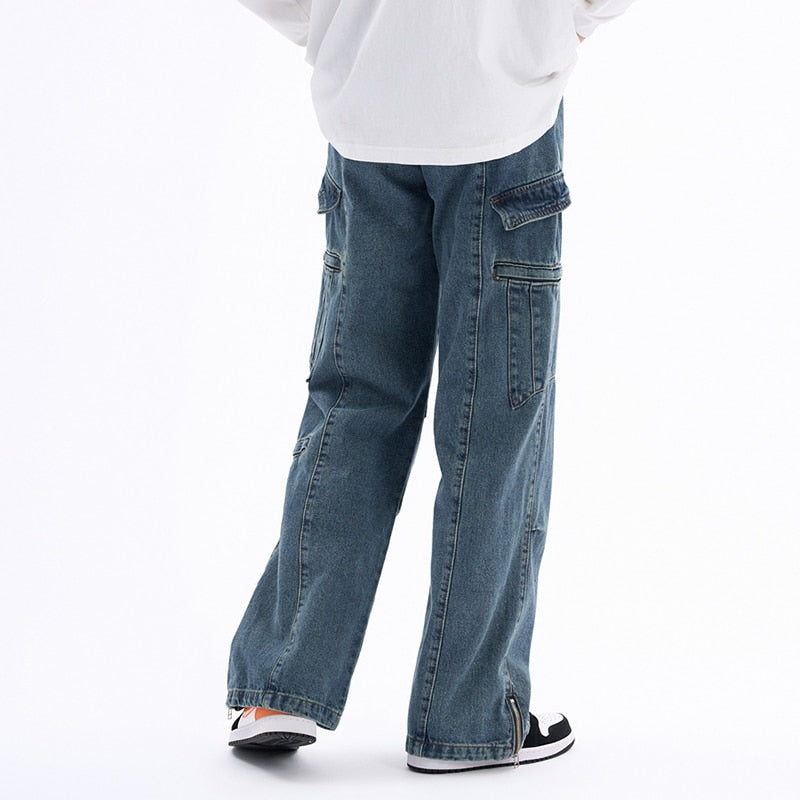 Bonsir Washed Retro Zipper Pockets Unisex Blue Denim Trousers