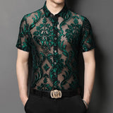 Bonsir New Fashion Floral Embroidery Transparent Shirt Man See Through Sexy Casual  Shirts Men Social Party Lace Sheer Blouse Hollowout