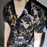 Bonsir Colorful Flowers Pattern Velvet Shirt Men Transparent Short Sleeve Sexy Shirt Social Club Outfits Party Men Designer Shirt