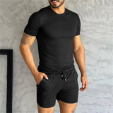 Bonsir Spring Summer Solid Color Casual Ribbed Two Piece Set Men Fashion Short Sleeve O Neck T-shirt And Shorts Suits Mens Clothes