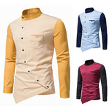 Bonsir New Shirts For Men Long Sleeve Lrregular Diagonal Button Contrast Henry Collar Shirts Personality Mens Top Clothes Wedding Shirt