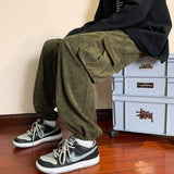 Bonsir Men's Casual Lace Up Corduroy Pants Big Pocket Traight Leggings Fashion Ladies Cargo Pants Loose Plus Size High Quality Clothing