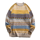 Bonsir Vintage Print Colorblock Sweater Oversize Warm Elasticity Sweater Men Women Autumn Winter New Fashion Loose Pullovers