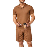 Bonsir Solid Color Ribbed Two Piece Sets Men Fashion Short Sleeve Lapel Polo Shirts And Shorts Suits For Men's Summer Clothing