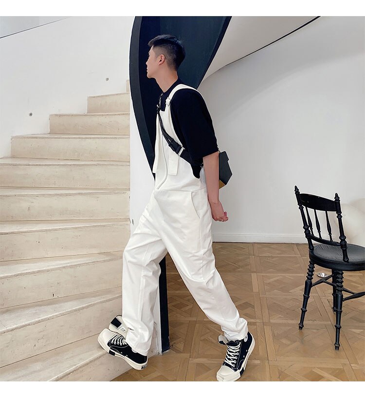 Bonsir Men's Loose Casual Overalls Pants Men Korean Japan Korean Streetwear Fashion Black White Bib Pant Male Cargo Jumpsuit Trousers