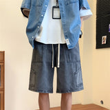 Bonsir Summer Denim Shorts Men Fashion Vintage Pocket Denim Shorts Mens Japanese Streetwear Hip-hop Loose Cargo Jeans Shorts Men M-3XL