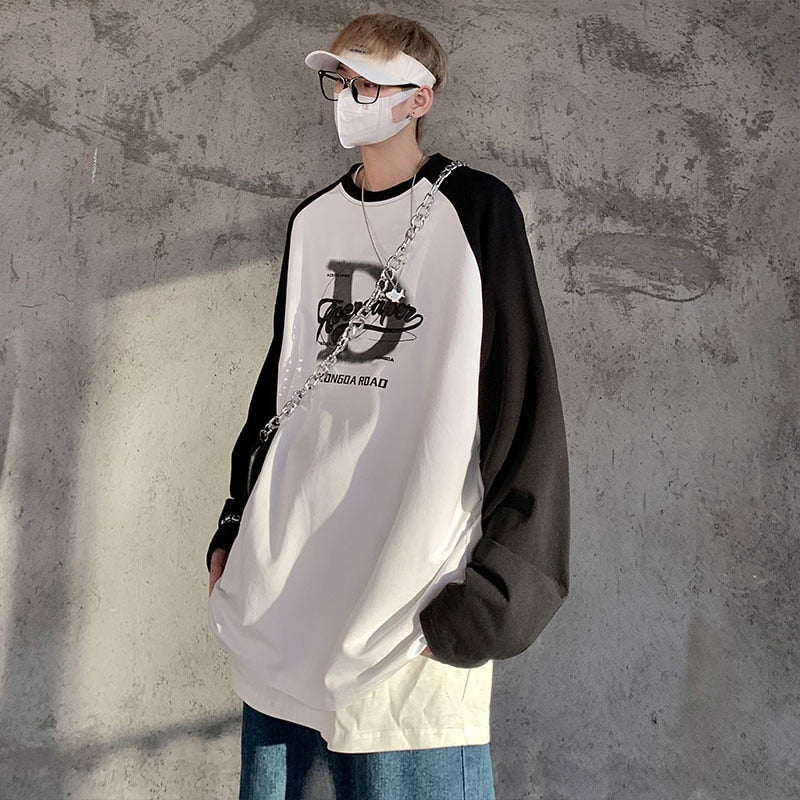 Bonsir HybSkr Harajuku Graphic Patchwork Men's T-shirt Korean Style Oversize Letter Male Pullovers Basic Long Sleeve Men's Clothing